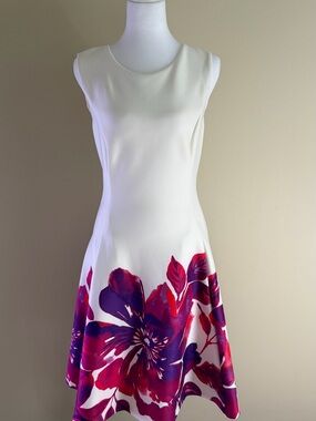 DKNY White Sleeveless Midi Dress with Pink & Purple Floral Hem